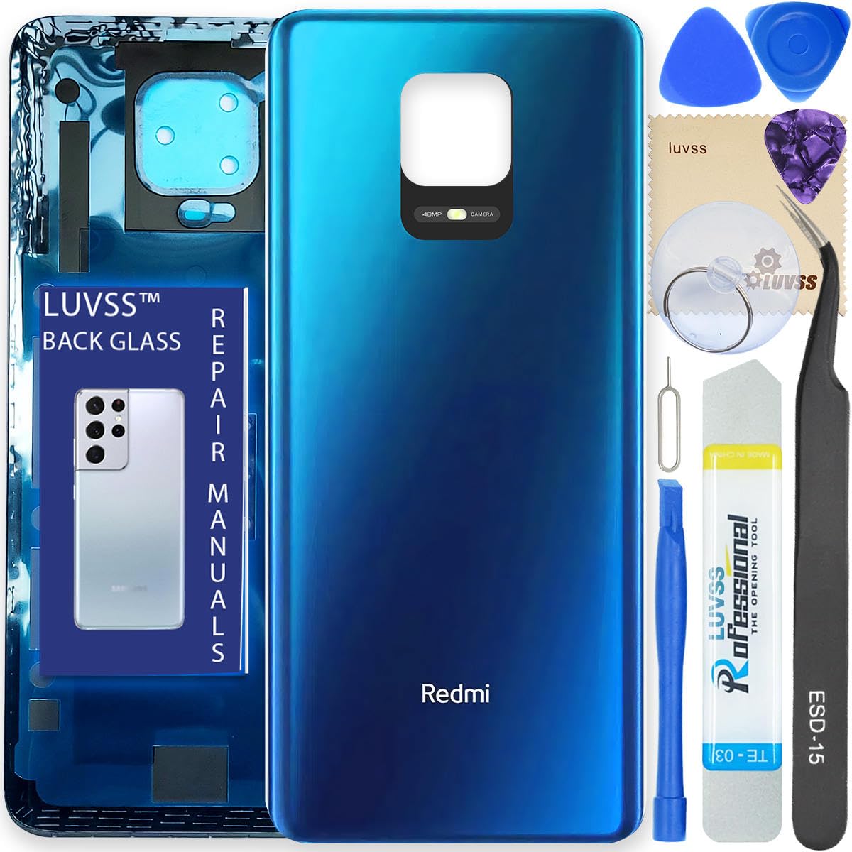 LUVSS Back Glass Cover Replacement Compitable for Xiaomi Redmi Note 9S Rear Cover + Repair Manual DIY Tools Kit (Blue)