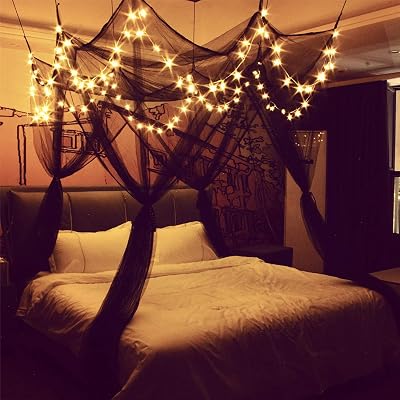 HanYun 8 Corner Bed Canopy with 100 LED Lights Black Mesh 4 Door 86x79x98 in