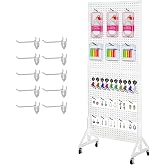 Eastern Tree 2.5'x 6' Metal Pegboard Display Stand with T-Base, Peg Board Panels Display with Casters, Standing Pegboard Display, Retail Display Stand, Extra 10 Pieces Hooks, White