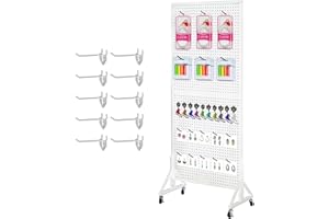 Eastern Tree 2.5'x 6' Metal Pegboard Display Stand with T-Base, Peg Board Panels Display with Casters, Standing Pegboard Display, Retail Display Stand, Extra 10 Pieces Hooks, White