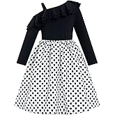 One Shoulder Ruffle Long Sleeve 50s Vintage Dresses for Girls 1950s Polka Dot Kids 50's Rockabilly Birthday Party Swing Dress