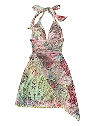 BEAUDRM Women's Floral Print Sleeveless Halter Deep