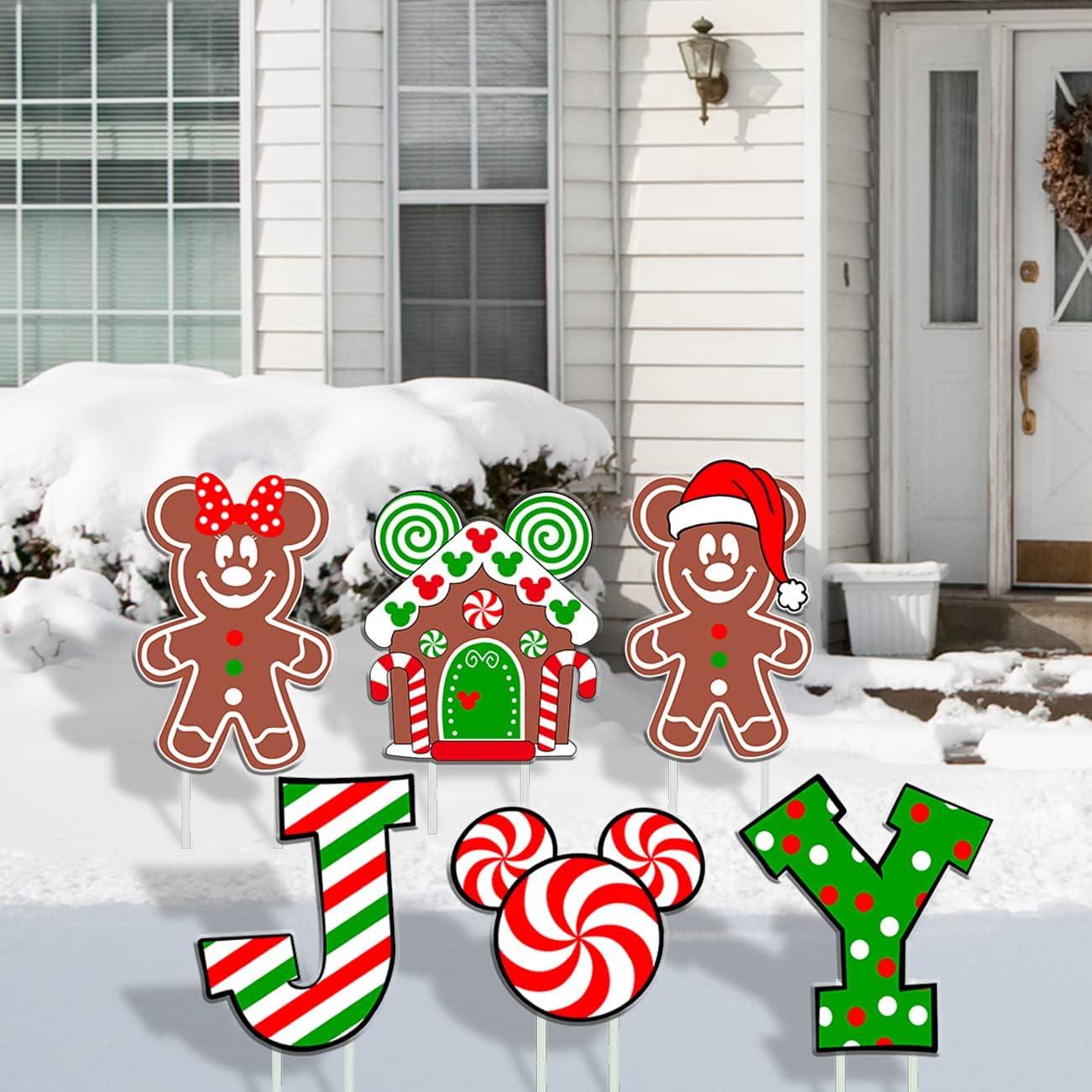 Yard Signs - Christmas Yard Decorations 6PCS Candy Cane Christmas Yard Signs Mick-ey Mouse Gingerbread Christmas Outdoor Decorations Yard Peppermint Christmas JOY Sings Waterproof Cardboard Lawn Signs for Pathway Walkway Decor
