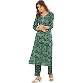 Janasya Indian Women's Cotton Green Floral Print Casual Wear Kurta Set for Women