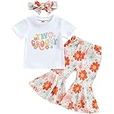 Eadrioss 3Pcs Toddler Baby Girls Birthday Outfit 1-5T Sweet/Groovy Short Sleeve Shirts Bell Bottom Headband
