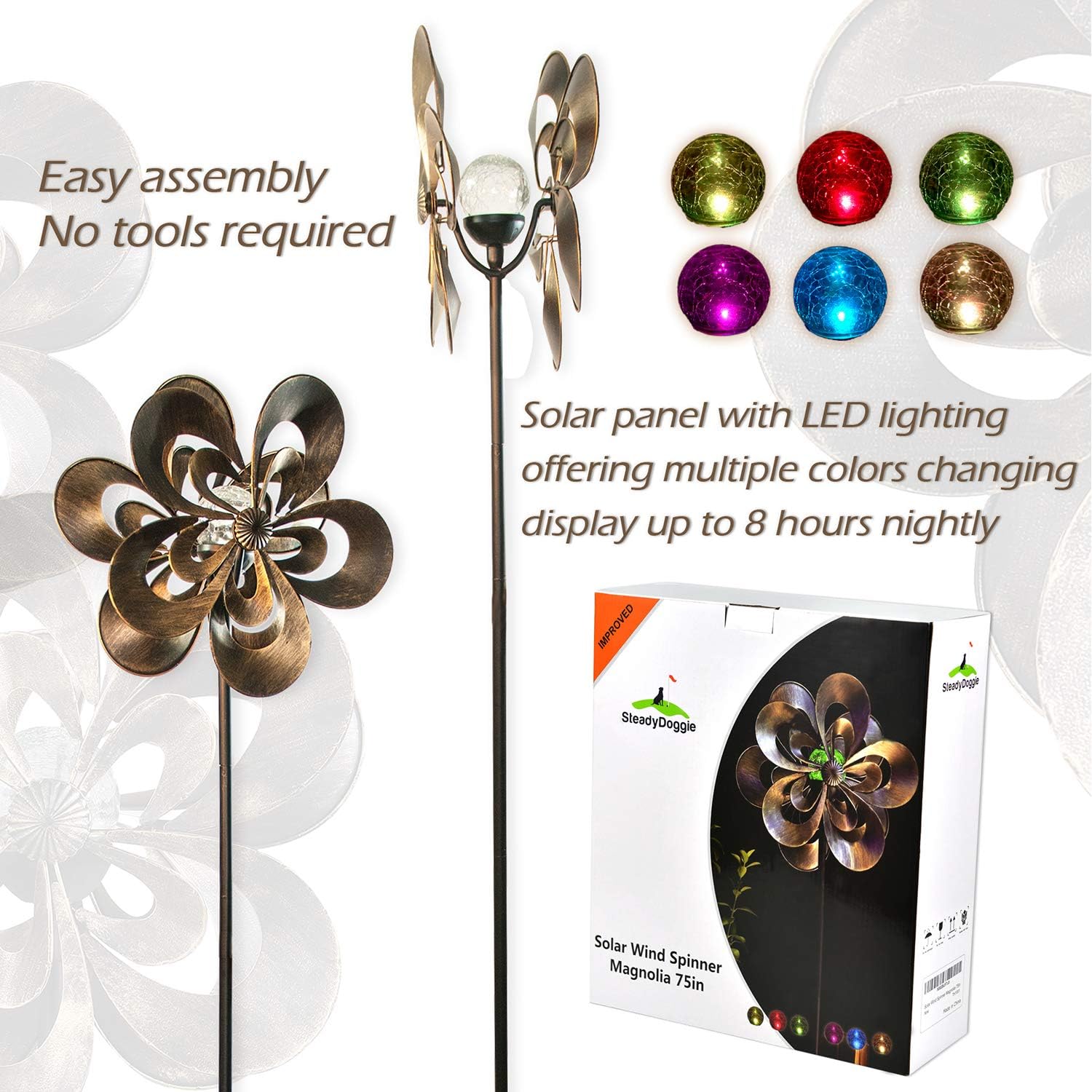 SteadyDoggie Solar Wind Spinner Magnolia Multi-Color Seasonal LED Lighting Solar Powered Glass Ball with Kinetic Wind Spinner Dual Direction for Patio Lawn & Garden : Garden & Outdoor