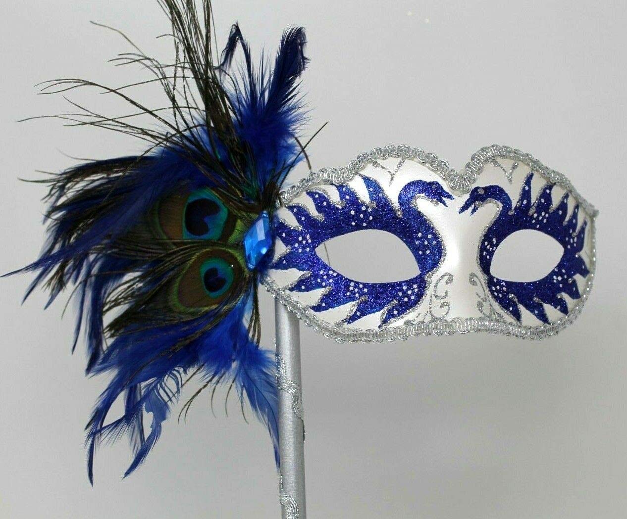 LADIES SPARKLING BLUE WHITE & SILVER VENETIAN MASQUERADE CARNIVAL PARTY EYE HAND HELD MASK ON A STICK WITH PEACOCK FEATHERS