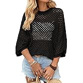 SHEWIN Womens Sweaters Crew Neck 3/4 Length Sleeve Crochet Tops Knit Beach Cover Ups Spring Outfits for Women