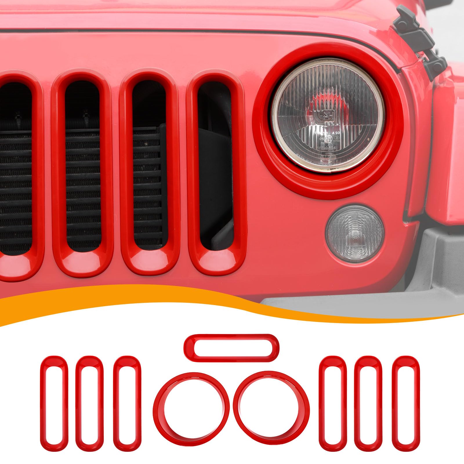 Photo 1 of Hoolcar Front Grille Insert Cover & Headlight Bezel Cover Trim Fit for Jeep Wrangler JK JKU 2007-2017, Exterior Accessories, Red