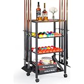 Pool Stick Holder Rack Stand for 8 Cue Sticks - Billiard Game Room Storage Cart with Organizer for Balls, Pool Table Accessories and Equipment - Heavy Duty Floor Stand Cue Stick Rack for Home or Bar