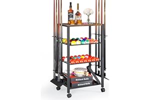 OLAKEE Pool Stick Holder Rack Stand for 8 Cue Sticks - Billiard Game Room Storage Cart with Organizer for Balls, Pool Table Accessories and Equipment - Heavy Duty Floor Stand Cue Stick Rack for Home or Bar