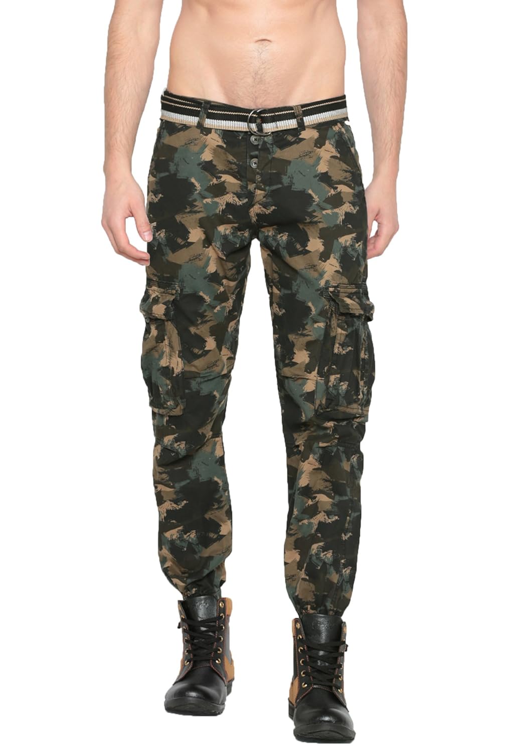 sports52 wear men's cotton beige tapered fit printed cargos