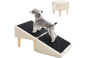 MEWANG Dog Ramp with Storage for Small Dogs & Cats–1.5ft Pet Stairs,Footstool and Hidden Storage Box,3-in-1 Design,Anti-Slip, Supports up to110lbs, Suitable for Sofas, Beds,and Living Room Use-Beige