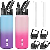 BJPKPK 2 Pack Insulated Water Bottles with Straw Lids, 22oz Stainless Steel Metal Water Bottle with 6 Lids, Leak Proof BPA Free Jugs, Cups, Flasks for Travel, Sports (Cherry+Ocean Dream)