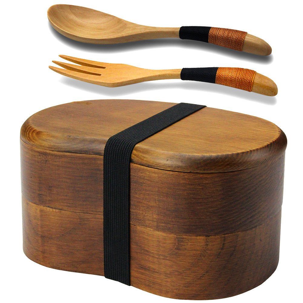 AOOSY Bento Box, Japanese Lunch Containers, 2-tier Wooden Bento Box with Fork Spoon for Office, School, Hiking, Camping