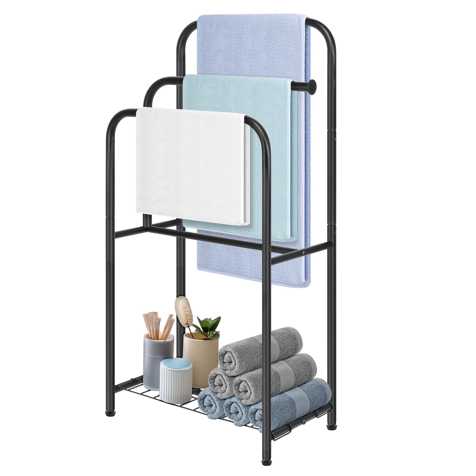 Photo 1 of HarJue Towel Racks for Bathroom, 35" H Standing Towel Holder 3 Tier Metal Pool Towel Hanger Outdoor Floor with Storage Shelves for Blanket Bath Towel Drying (Matte Black)