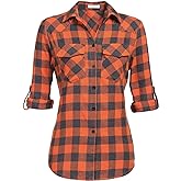 Genhoo Womens Flannel Shirts Roll Up Long Sleeve Plaid Shirt Collared Button Down Gingham Casual Top S-4XL