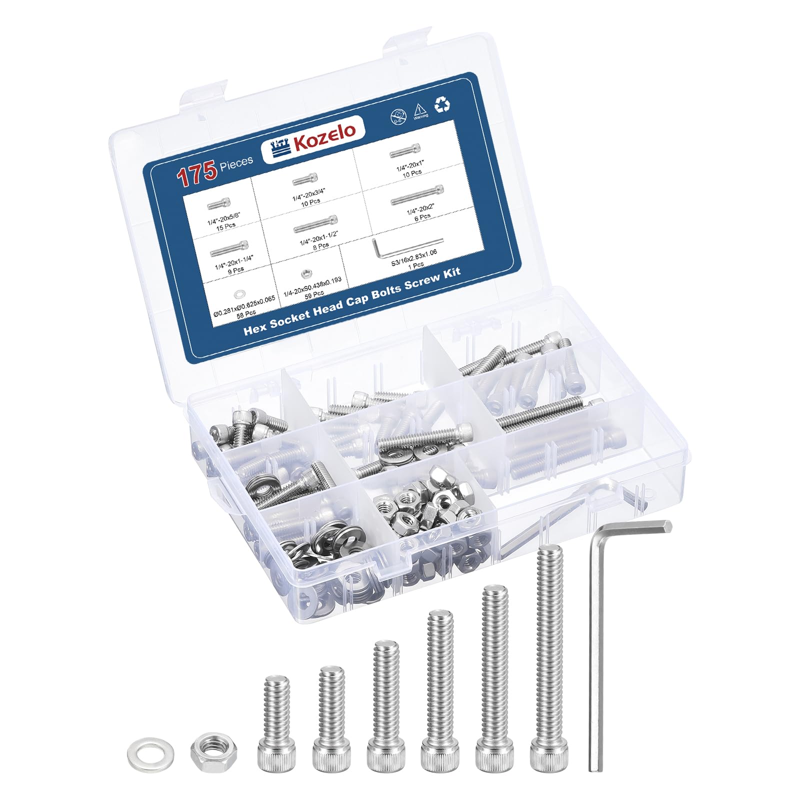 Kozelo 175pcs 1/4"-20 Socket Head Cap Screws Bolts Nuts Assortment Kit - [5/8" to 2"] 304 Stainless Steel Allen Socket Drive for 3D Printer with Allen Wrench