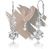 Sterling Silver Leverback Earrings for Women - Round Cubic Zirconia Dangle Earrings Lightweight Hypoallergenic Nickel Free Sparkle Halo CZ Dangling Earring for Sensitive Ears Classic Jewelry Gifts