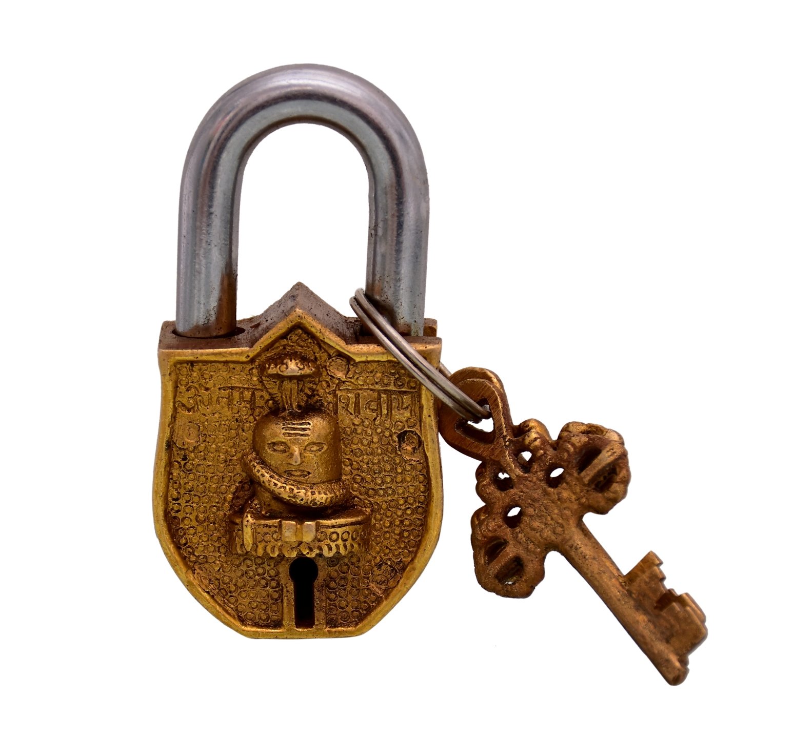 Purpledip Handmade Brass Antique Padlock Lock: Shivaling, Symbol of Mahadev Siva (10766)