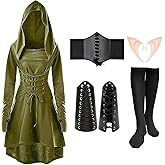 ATENTO Womens Renaissance Costumes,Viking Vintage Hooded Medieval Dress, High Low Pullover Dress Set Halloween Costume Cloak
