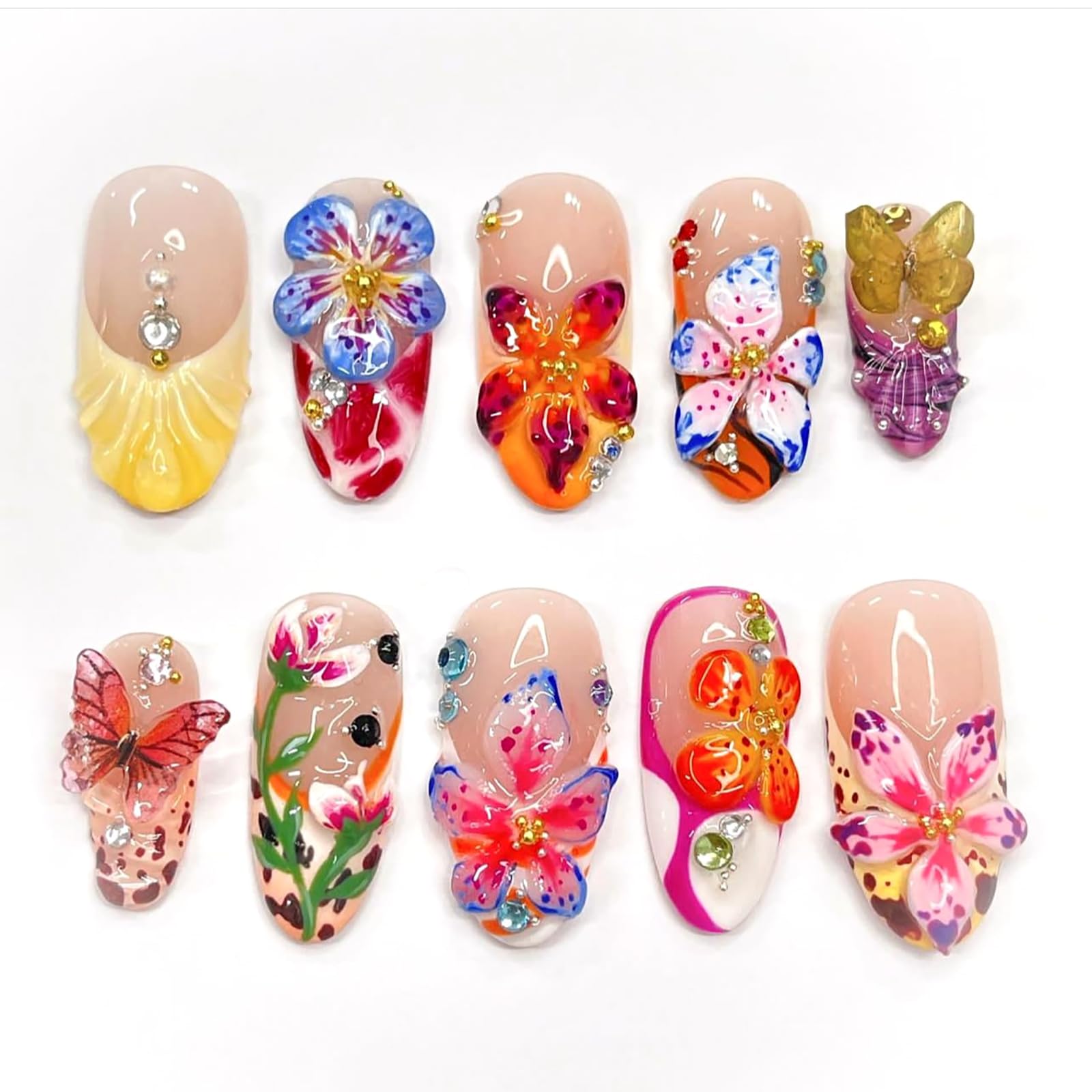 HOSAILY 3D Tropical Floral Press on Nails Medium Almond, Colorful Butterfly Bright Flower Summer Beach Handmade Full Cover Stick on Nails for Women, 24Pcs Glossy Reusable Fake False Nails with Glue