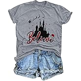 MOUSYA Women Christmas Believe Shirt Believe Santa Hat Graphic Tee Casual O-Neck Short Sleeve Shirt