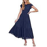 Caracilia Womens Summer Casual Tulle Midi Dresses Ruffle Sleeve Crew Neck Smocked Mesh 2026 Flowy Tiered Wedding Guest Dress