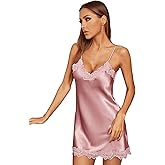 SweatyRocks Women's Satin Lace Lingerie V Neck Sleeveless Nightgown Sleepwear Cami Dress