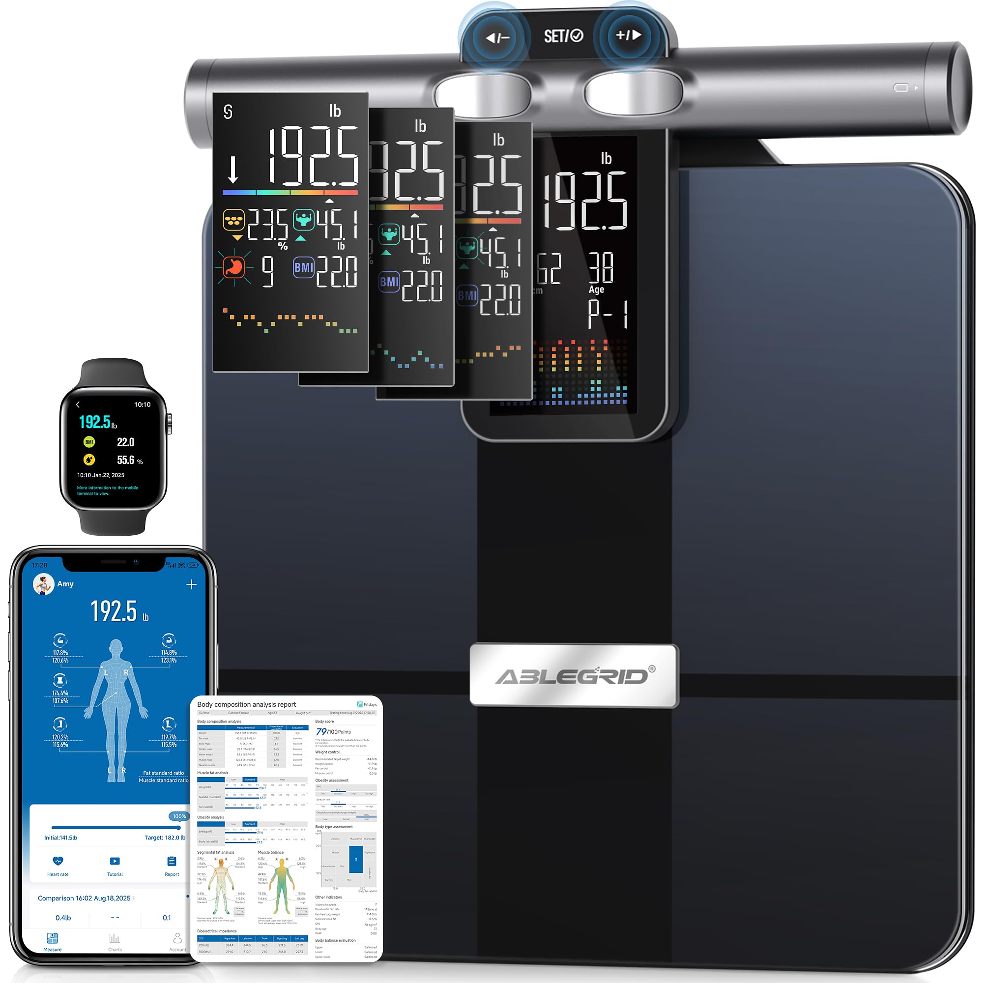 Photo 1 of ABLEGRID 8-Electrode Digital Smart Bathroom Scale for Body Weight and Fat Percentage,Full Body Composition Analyzer with Gradient Trends Display,12.2" Platform Handle BMI Weighing Machine,400lb