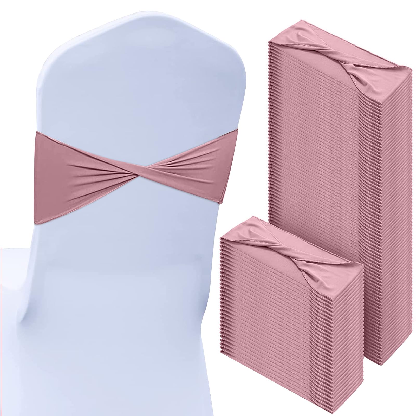 Photo 1 of Kinlop 150 Pcs Spandex Chair Sashes Bows Stretch Chair Cover Bands Elastic Ties Bands Slider Sashes Without Buckle Decorations for Wedding Party Events Ceremony Birthday(Dusty Pink)