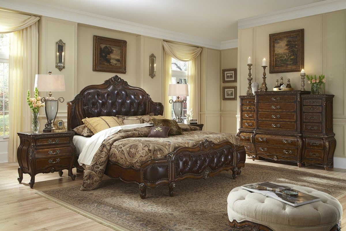 Lavelle Melange Wing Leather Bed-2 Nightstand-Dresser-Mirror Bedroom Set by Aico Amini (Cal King 5 PC Set)
