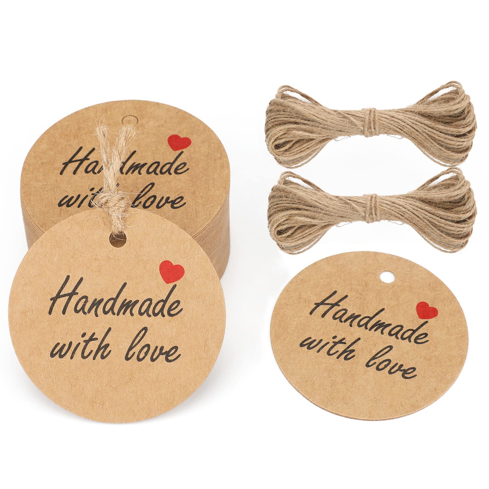 G2PLUS Handmade with Love Gift Tags: Kraft Paper Round Labels with 10m Twine, 100pcs Packaging Tags for DIY, Small Business, Wedding, Birthday, Christmas, Thank You Gifts