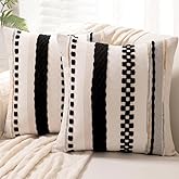 WANLIRD Boho Throw Pillow Covers 18x18 Set of 2 Farmhouse Decorative Cushion Case Striped Square Pillows Cover Chenille Pillow Cases Accent Neutral Pillowcase for Sofa Couch Bed,Black