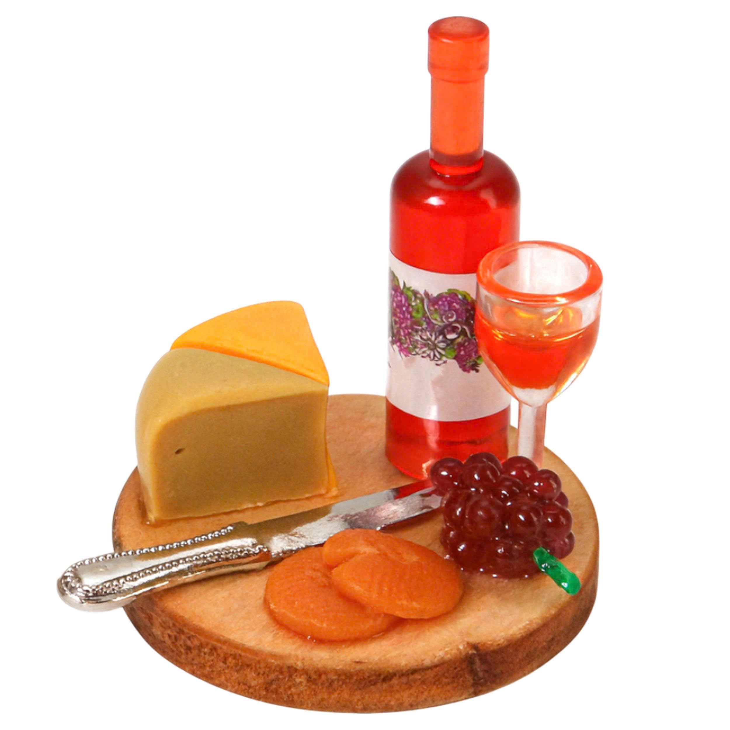 Photo 1 of 1:24 Mini Wine Decor Scale Dollhouse Miniatures – Miniature Wine Cheese and Board Platter Accessory with Tiny Bread Pastries and Bottle – DIY Micro Food Model for Kitchen Dining Room Scene Decor