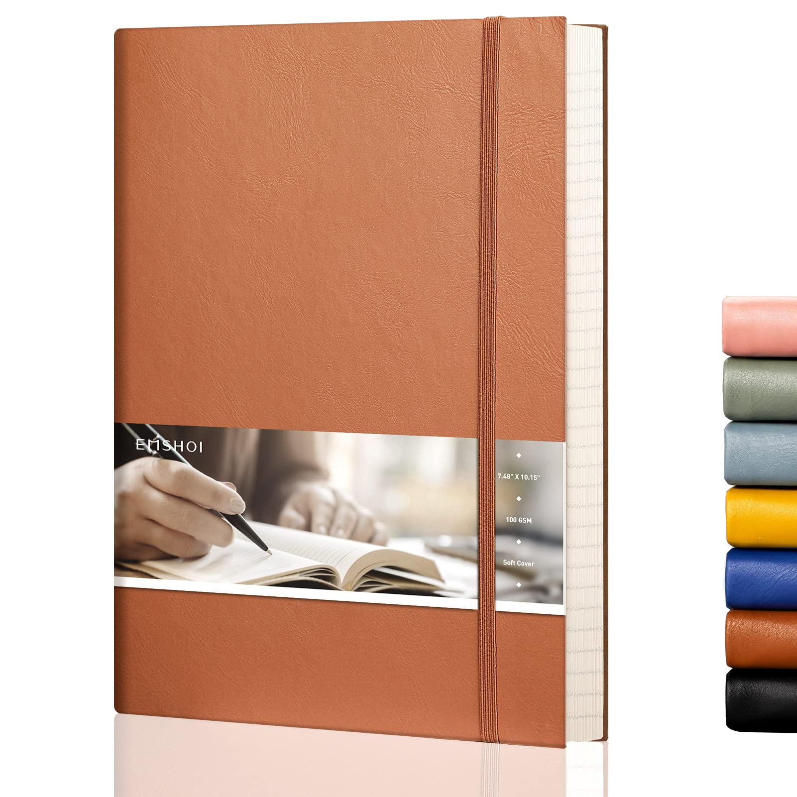 EMSHOI B5 Notebook Lined Notepad - 19 x 25 cm Large Leather Journal with Sticky Notes, 204 Numbered Pages, 100gsm Lined Paper, Back Pocket, Softcover, Brown — image 1