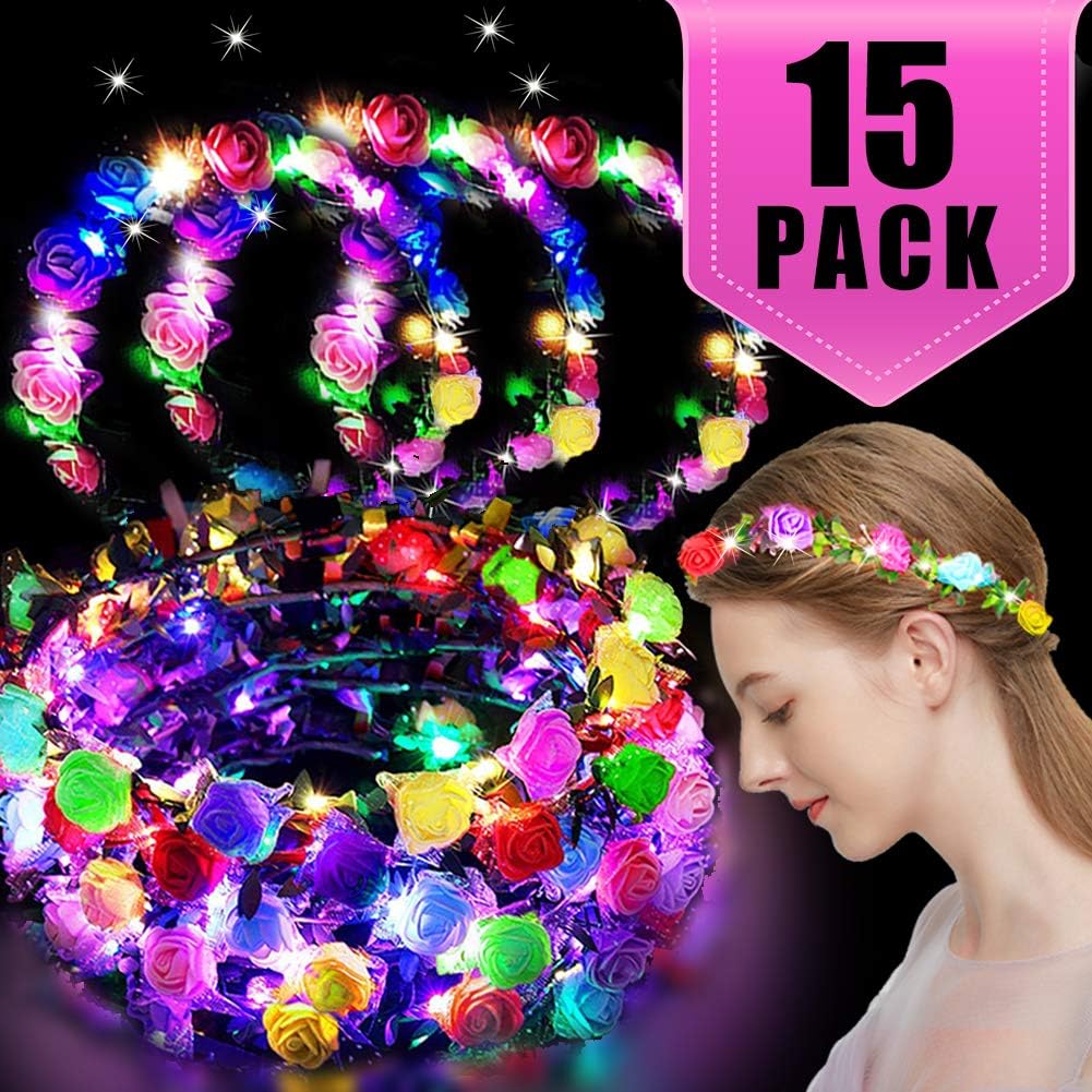 TOPLEE 15 Pack Led Headband Party Supplies Glow in The Dark Party Favors for Kids Women Girls Led Flower Crowns Decorations Birthday Holiday Halloween Glow Party Accessories
