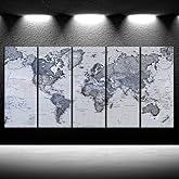 iKNOW FOTO 5 Pieces Vintage World Map Canvas Prints Push Pin Wall Art Decor Trace Travel Marks The Map of The World Antique Framed Picture for Living Room Office 16x40inx5