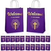 Chuangdi 50 Pcs Church Welcome Gift Bags Christian Paper Welcome to Our Church Religious Bags with Handles for Guest Baby Shower Baptism Birthday Party,5.9 x 3.15 x 8.27 Inch(Purple)