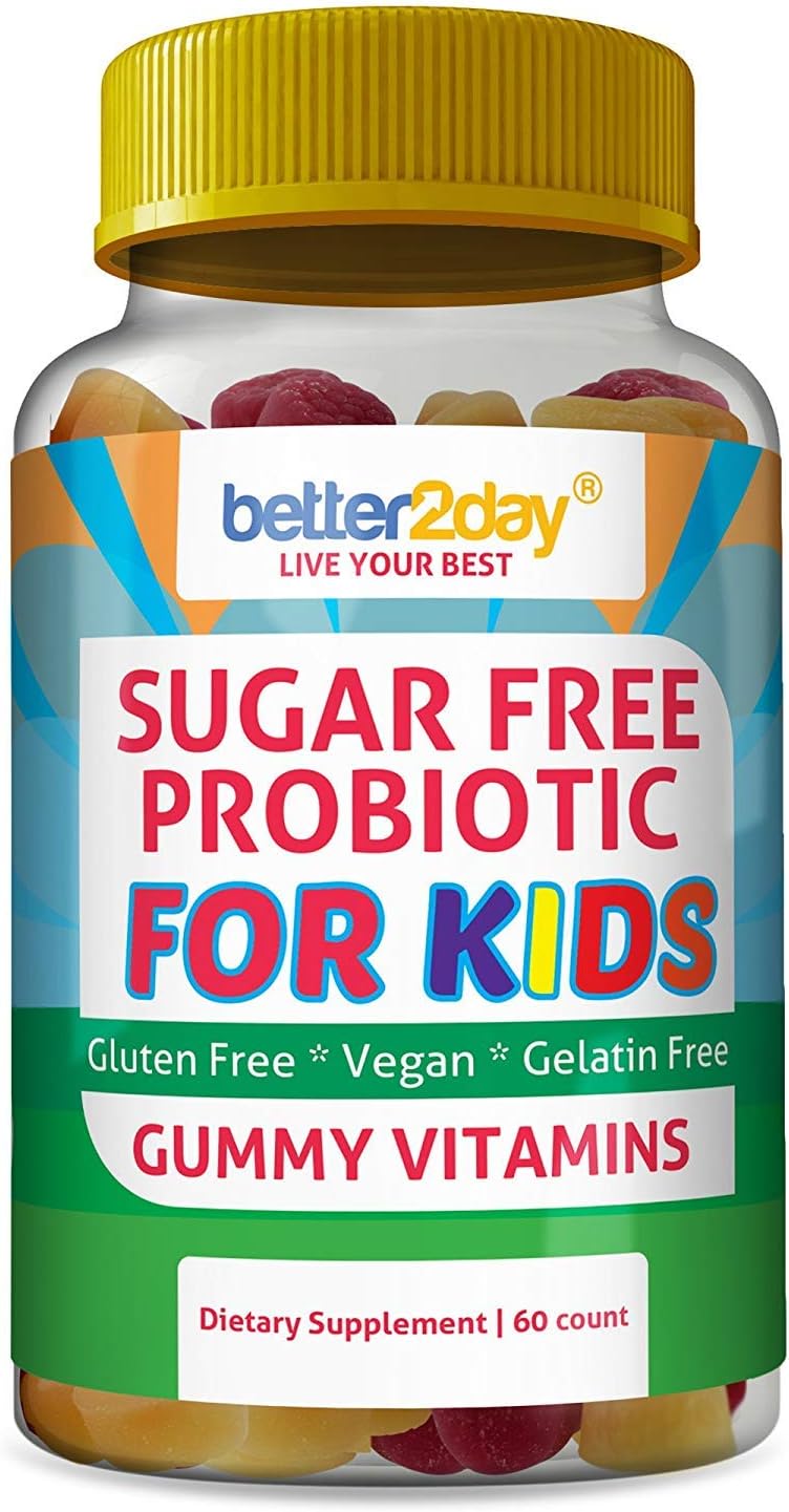 Kids Sugar Free Probiotic Gummies by Better2Day. 5 Billion CFU. for Digestive Health, Gut Support & Immunity. Delicious, Natural Fruit-Flavored, Vegan and GMO-Free Gummy Vitamin. (60 Count)
