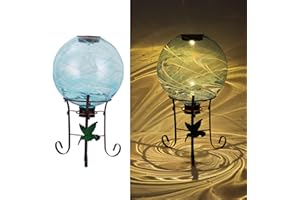 VEWOGIFT 10 Inch Solar Glass Gazing Ball, with 9.4" Tall Metal Gazing Globe Stand, Solar Ball Lights Display Holder Set for Outdoor Garden Lawn Yard Decoration, Blue Water Ripple