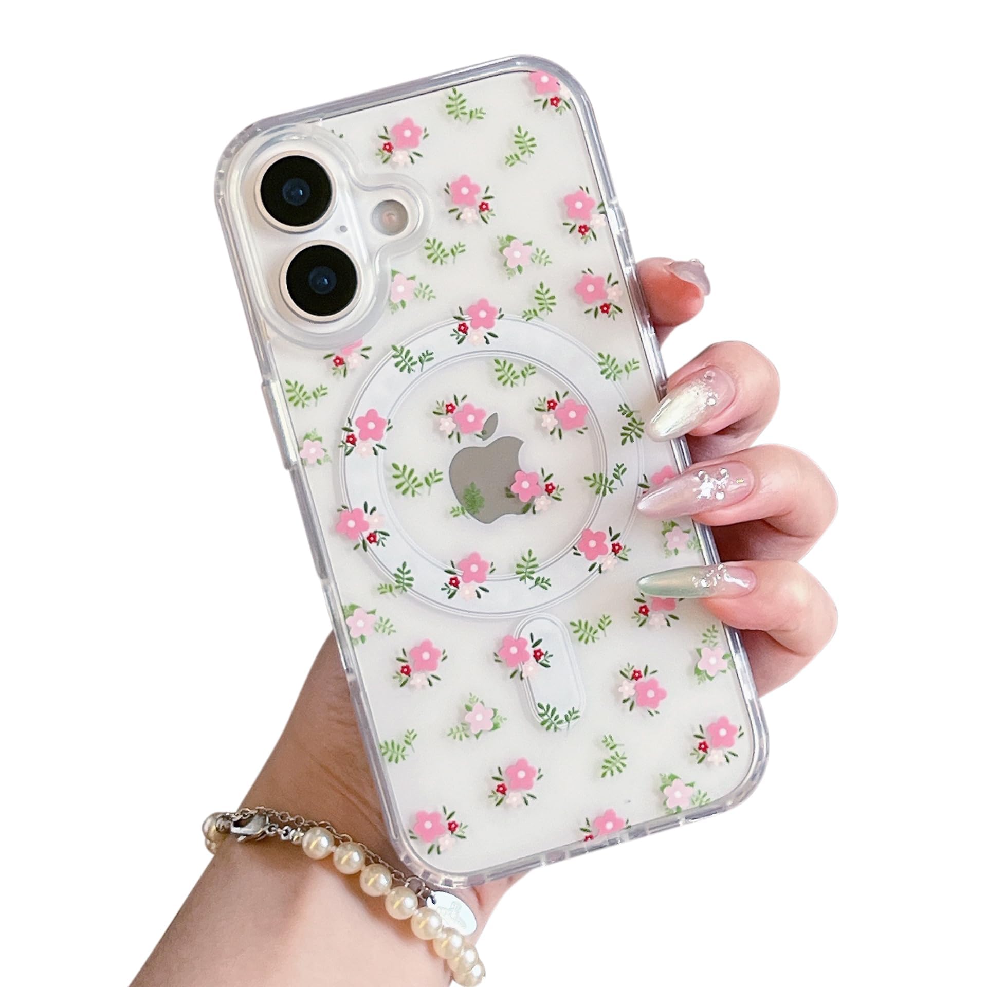 QLTYPRI Magnetic for iPhone 17 Case Compatible with Magsafe, Cute Floral Flower Aesthetic Phone Case Slim Clear Anti-Yellowing Shockproof Phone Cover for Girls Women - Pink White