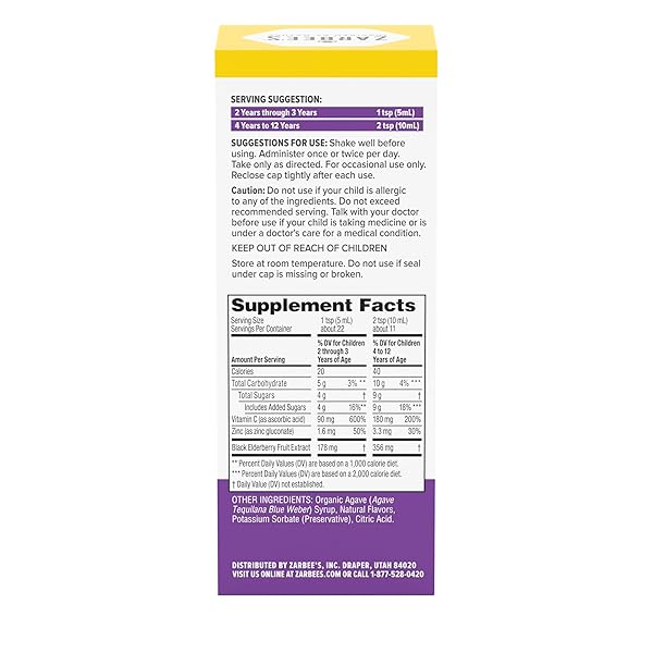 ZARBEE’S ELDERBERRY SYRUP FOR KIDS, DAILY IMMUNE SUPPORT WITH VITAMIN C & ZINC, CHILDRENS LIQUID SUPPLEMENT, NATURAL BERRY FLAVOR, 4 FL OZ