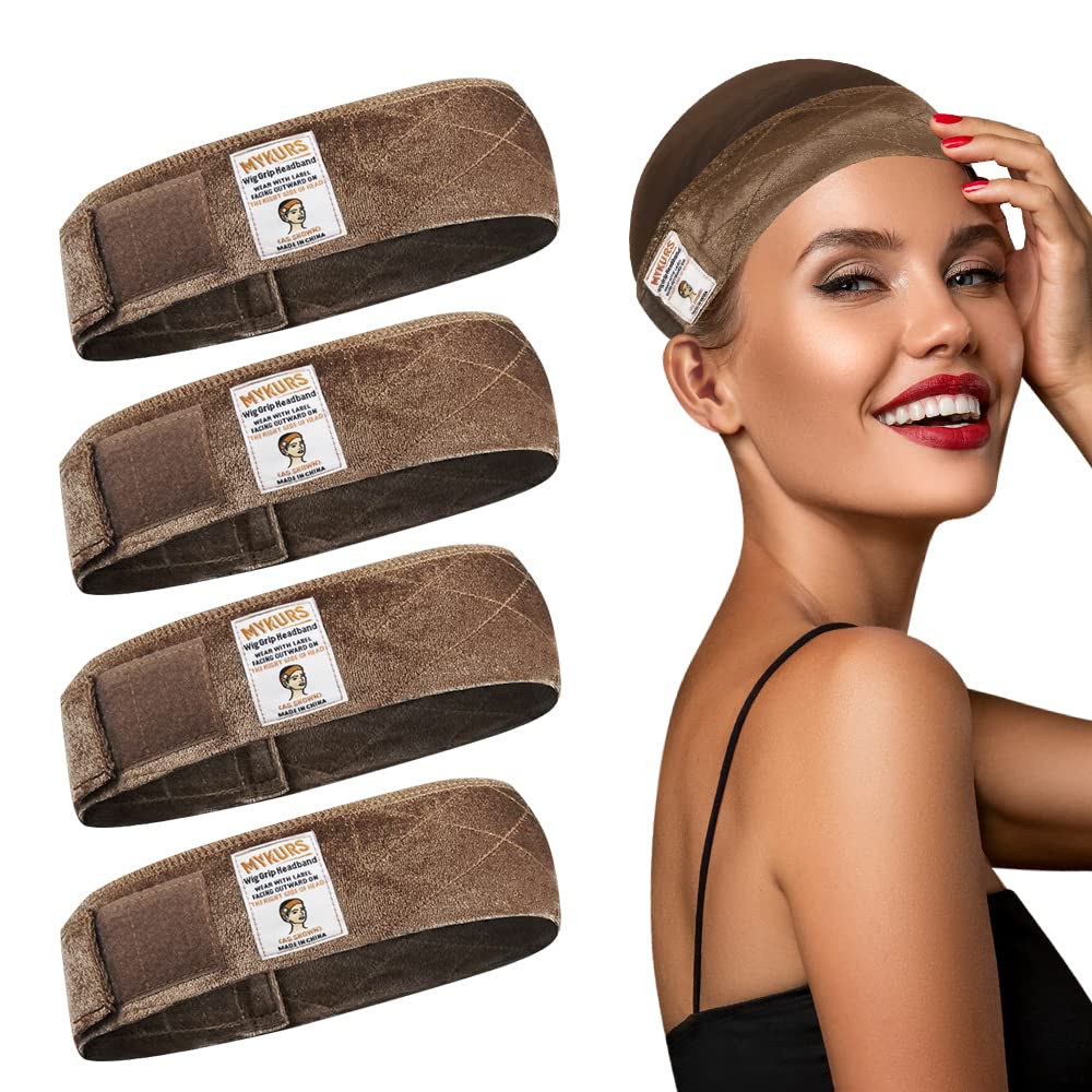 MYKURS Wig Grip for Keeping Wig in Place, Velvet Wig Headbands Non-slip, Brown 4 PCS