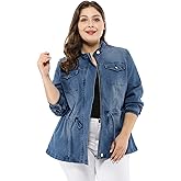 Agnes Orinda Women's Plus Size Denim Jacket Stretch Stand Collar Zip Drawstring Jean Jackets 2024