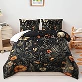 AILONEN Flower Comforter Set Queen Size, Leaves Flowers Print Bedding Set for Girls Boys,Black Theme Duvet Set 3Pcs for Bedroom Decor,1 Quilt and 2 Pillowcases,Soft