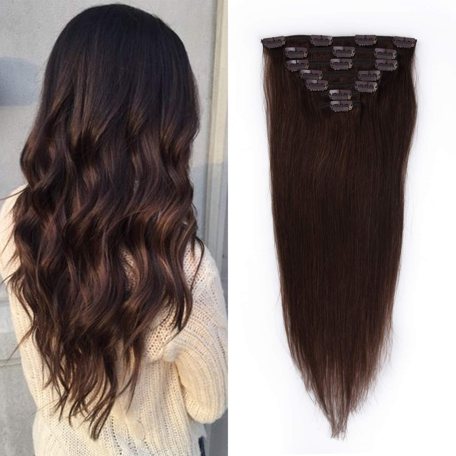 12 inches Clip in Hair Extensions Remy Human Hair - 70g 7pcs 16 Clips Straight Thick 100% Real Human Hair Extensions for Women Dark Brown #2 Color