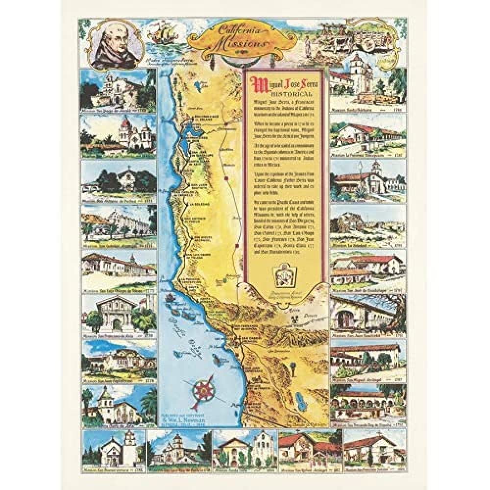 Artery8 Map Putnam 1949 California Missions History Art Print Canvas Premium Wall Decor Poster Mural