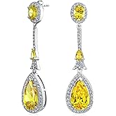 Art Deco Vintage Style Wedding Simulated Gemstone Jewel Colors AAA Cubic Zirconia Halo Long Pear Solitaire Teardrop CZ Statement Dangle Chandelier Earrings For Women Bridesmaid Silver Plated