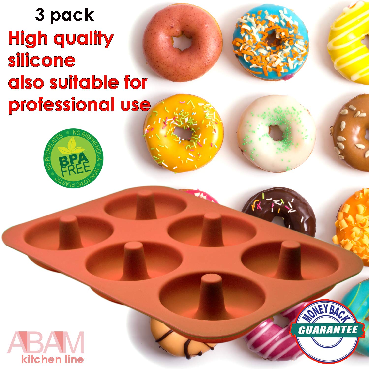 Professional Premium Silicone Donut Pan 3-Pack - Non Stick Doughnut Pans for Baking with 6 Slots - Reusable Bagel Mold Tray for Prolonged Use - Microwave, Freezer & Dishwasher Safe Silicon Molds